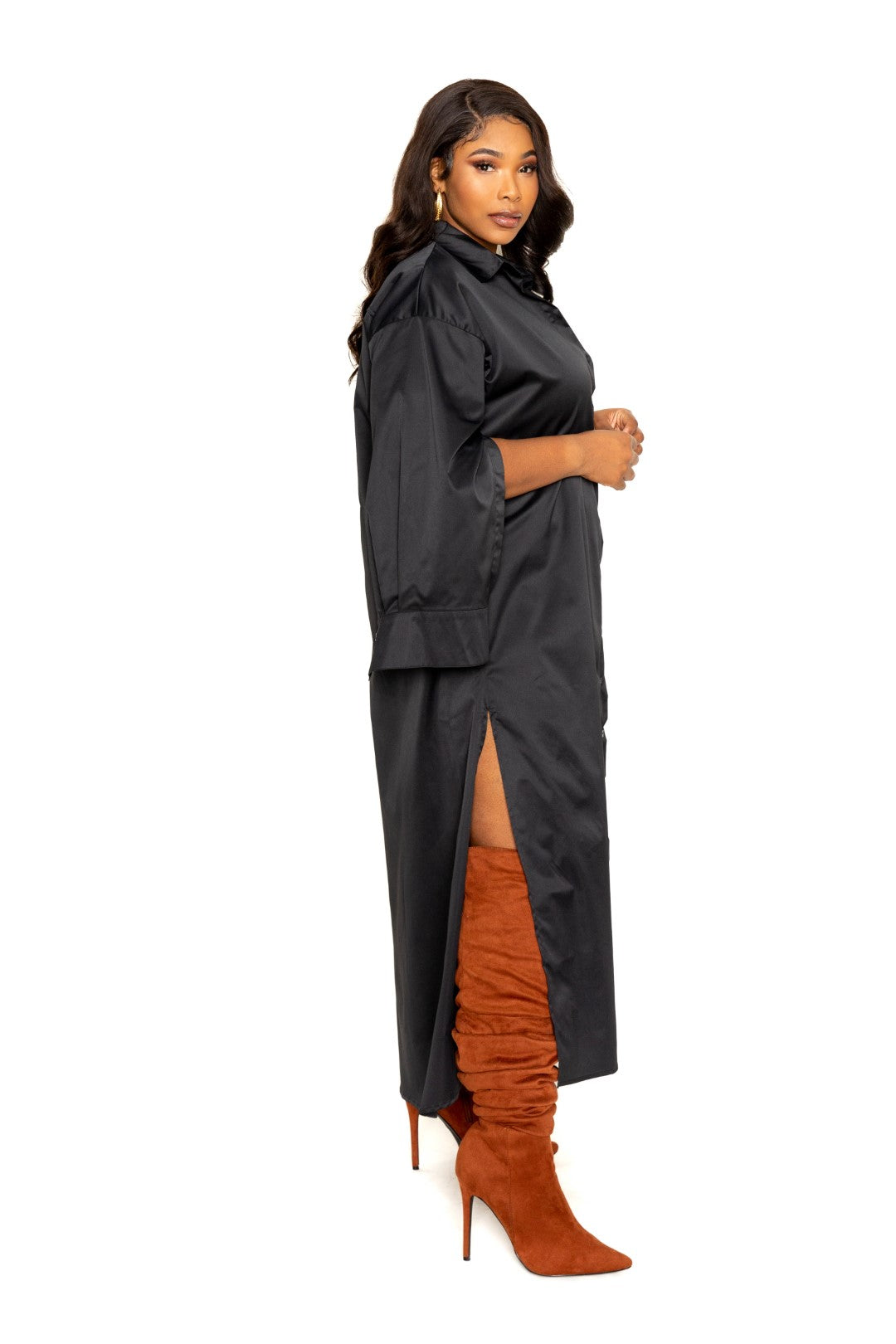 Satin Shirt Dress (Blk)