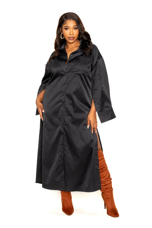 Satin  Shirt Dress (Blk)