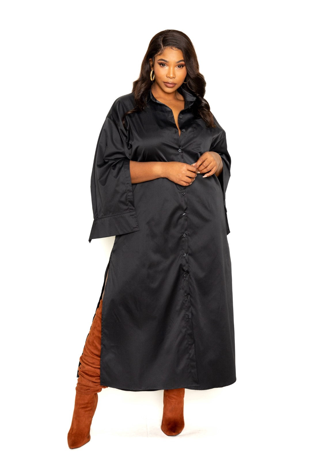 Satin  Shirt Dress (Blk)